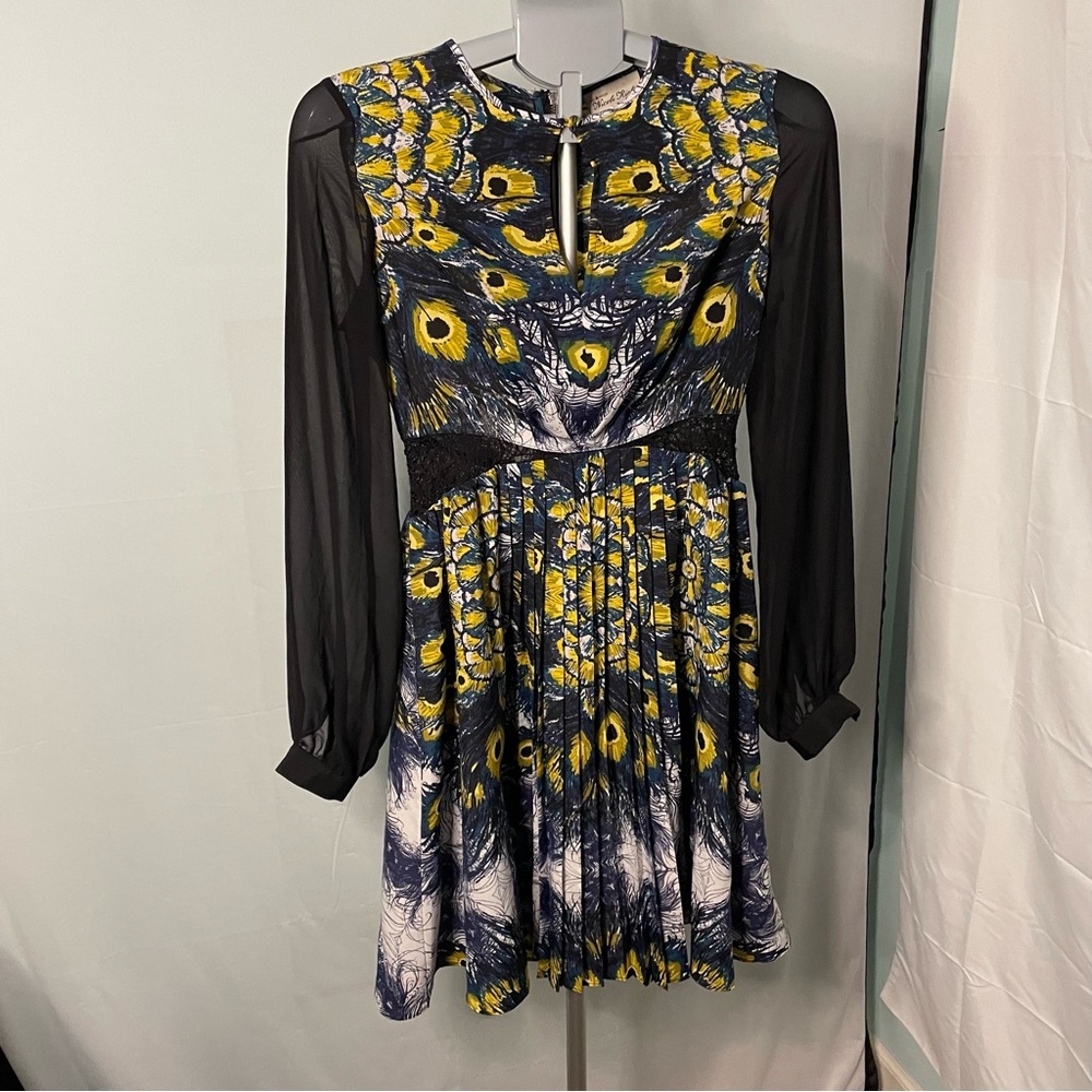 Nicole Richie peacock feathers sheer sleeves‎ dress size 2